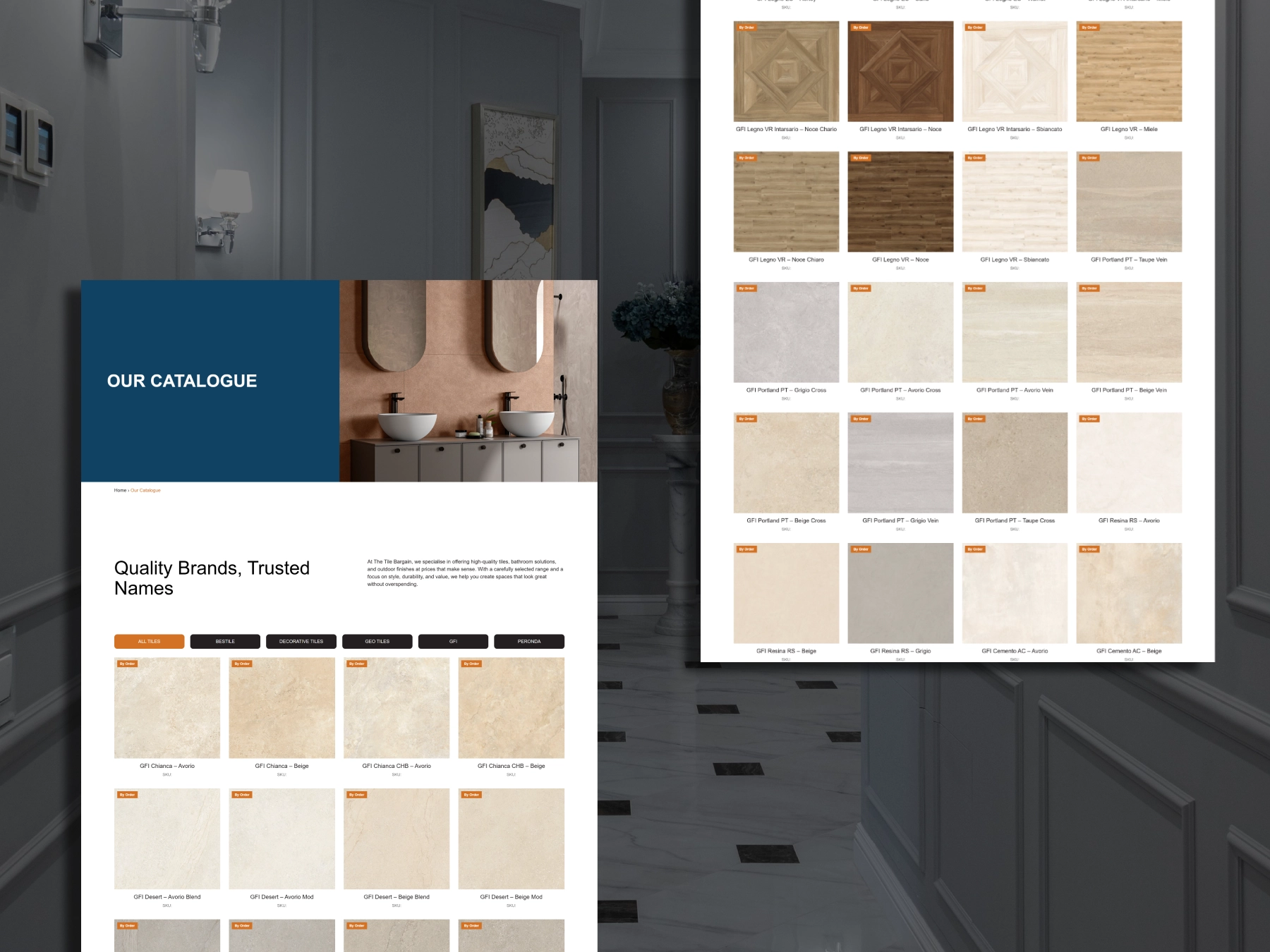 The Tile Bargain WordPress tile catalogue and quote request website designed by Dreivo